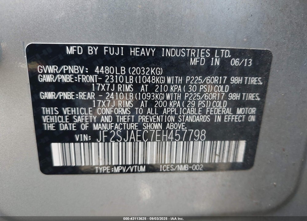 2014 SUBARU FORESTER VIN: JF2SJAEC7EH457798