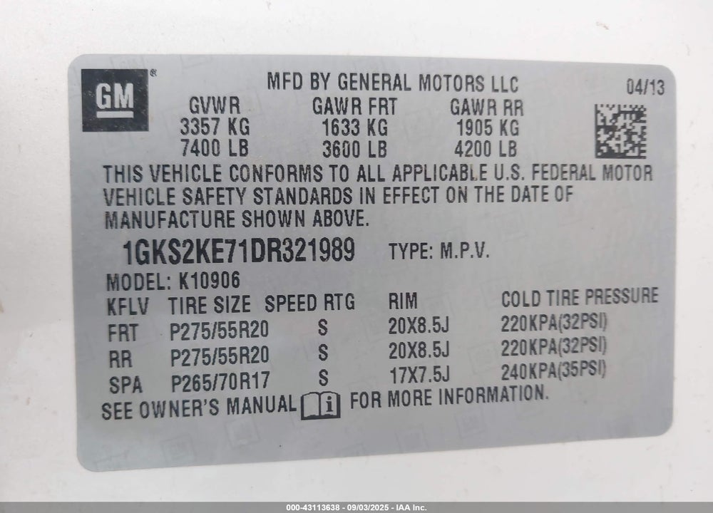 2013 GMC YUKON XL VIN: 1GKS2KE71DR321989