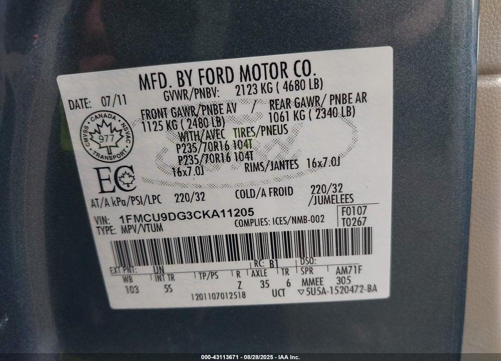 2012 FORD ESCAPE XLT VIN: 1FMCU9DG3CKA11205