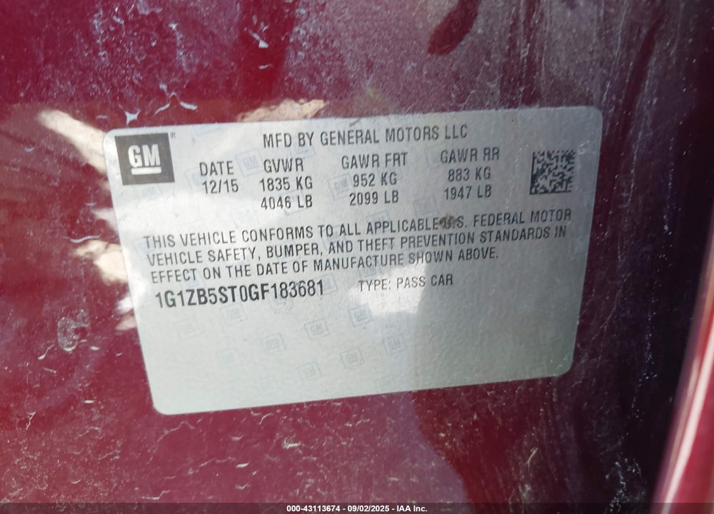 2016 CHEVROLET MALIBU VIN: 1G1ZB5ST0GF183681