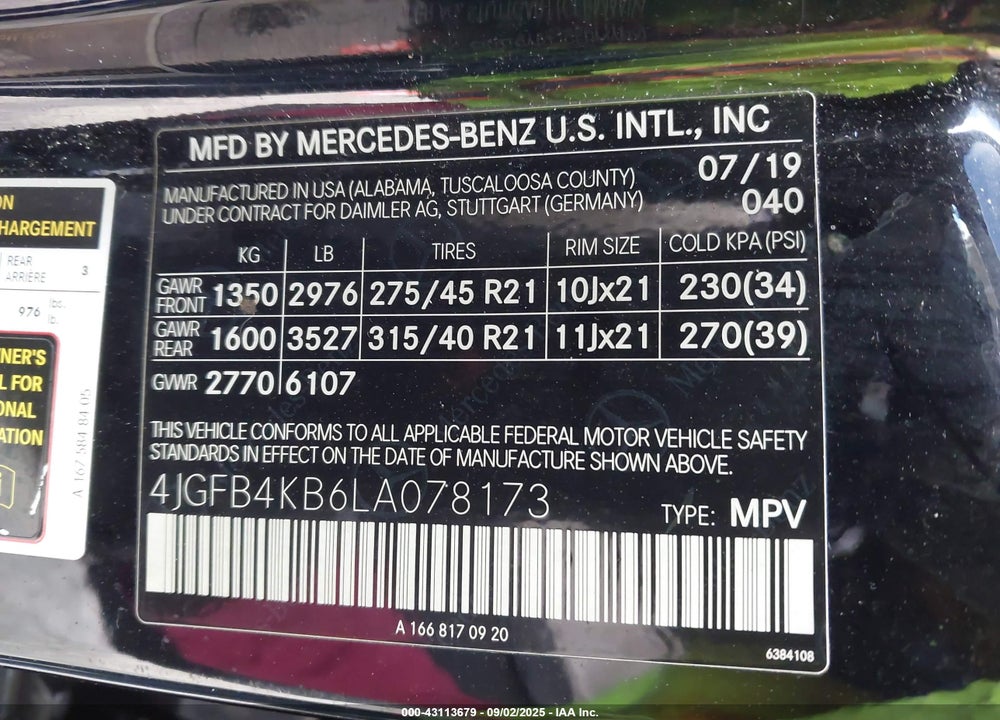 2020 MERCEDES-BENZ GLE CLASS VIN: 4JGFB4KB6LA078173
