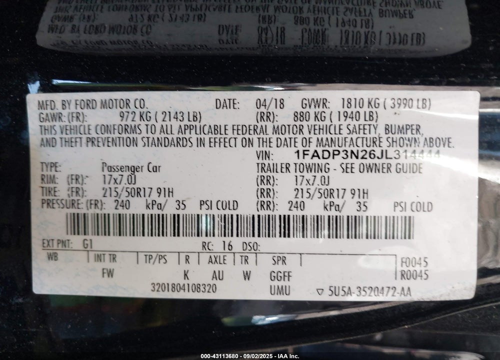 2018 FORD FOCUS VIN: 1FADP3N26JL314444