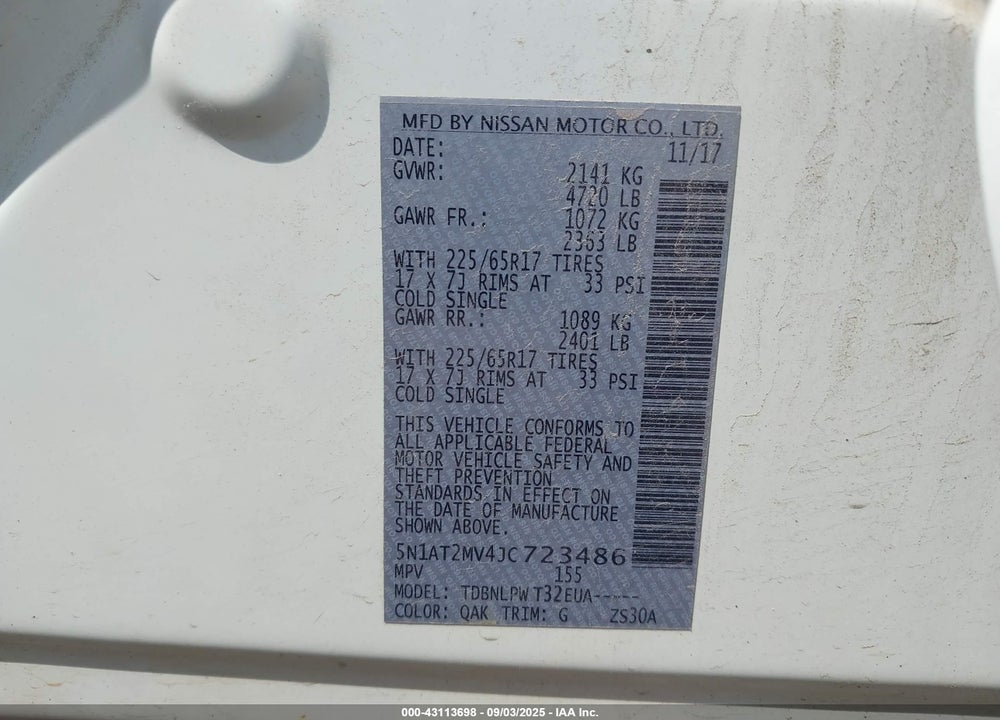 2018 NISSAN ROGUE S VIN: 5N1AT2MV4JC723486