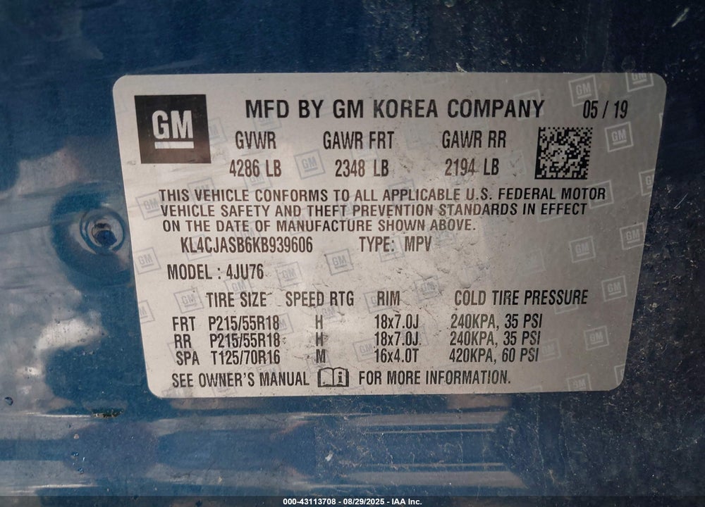 2019 BUICK ENCORE VIN: KL4CJASB6KB939606