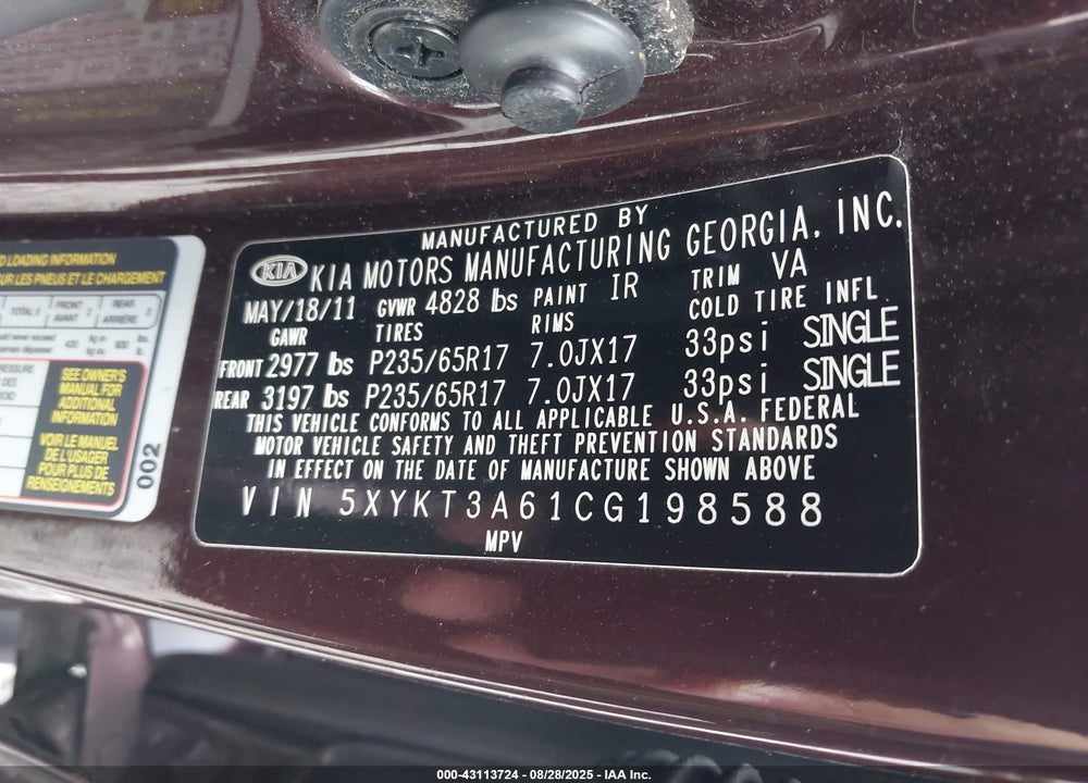 2012 KIA SORENTO LX VIN: 5XYKT3A61CG198588