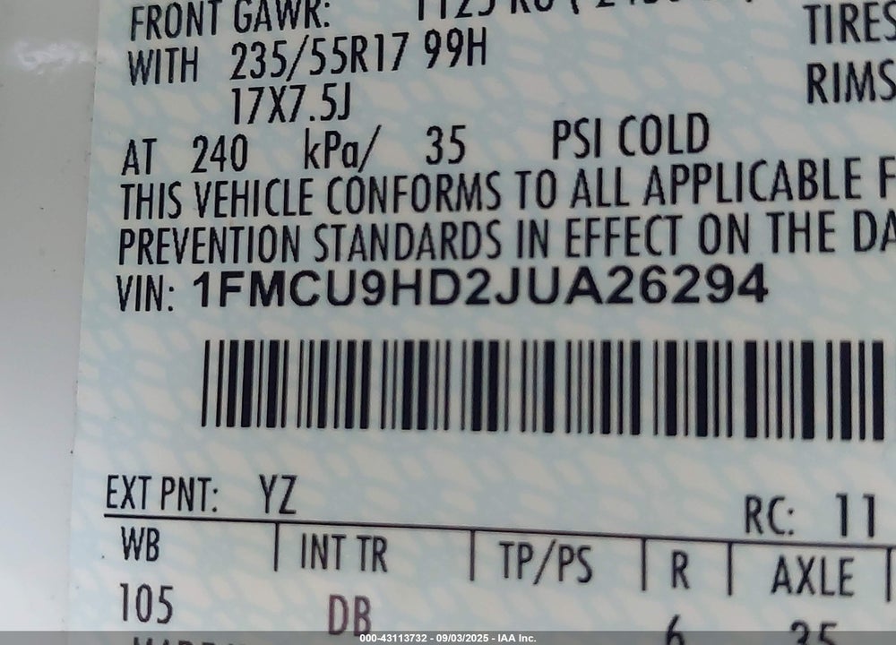 2018 FORD ESCAPE VIN: 1FMCU9HD2JUA26294