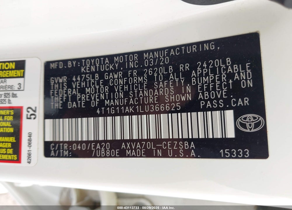 2020 TOYOTA CAMRY VIN: 4T1G11AK1LU366625