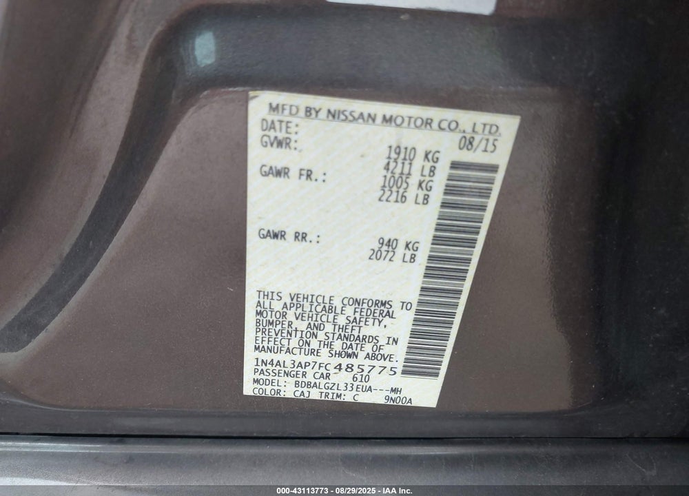 2015 NISSAN ALTIMA VIN: 1N4AL3AP7FC485775