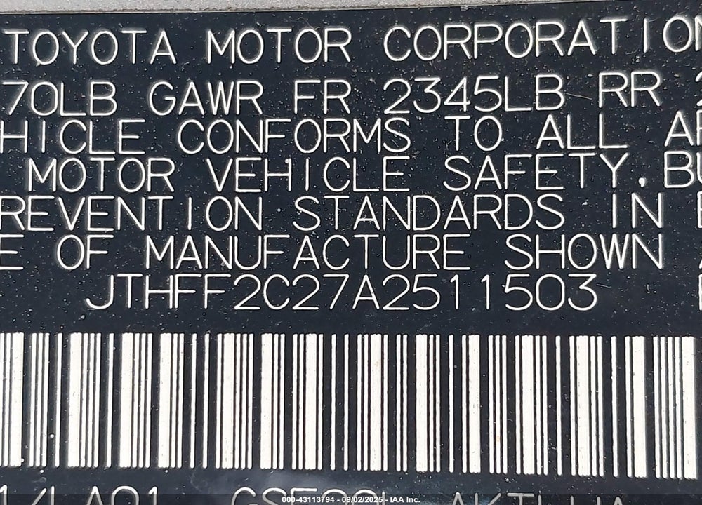 2010 LEXUS IS 250C VIN: JTHFF2C27A2511503