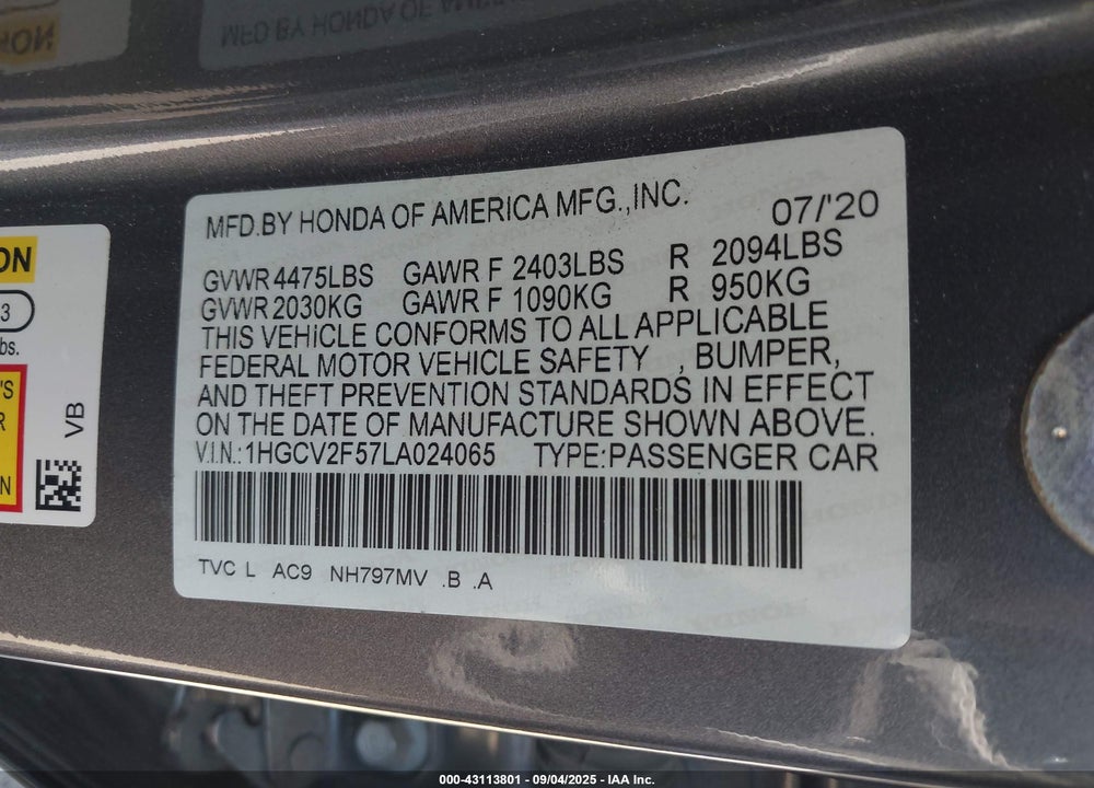 2020 HONDA ACCORD VIN: 1HGCV2F57LA024065