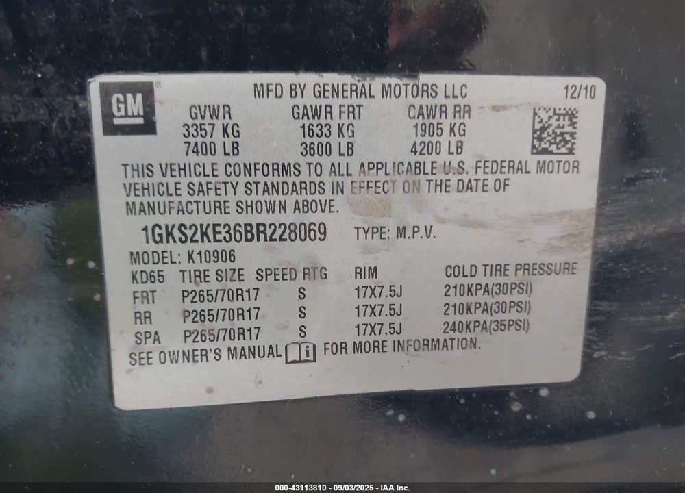 2011 GMC YUKON XL VIN: 1GKS2KE36BR228069