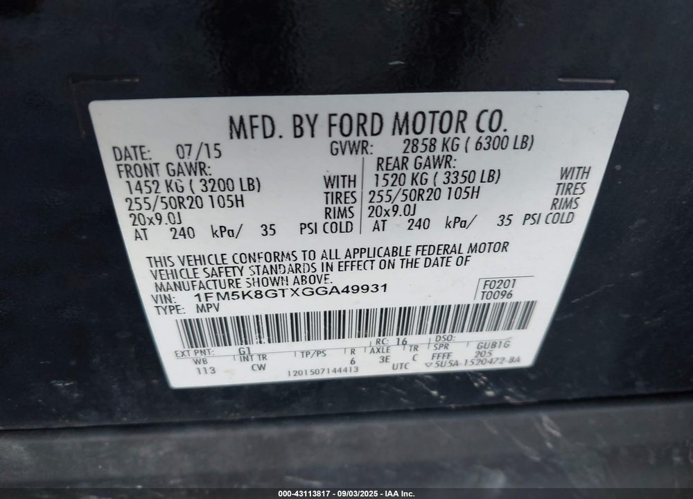 2016 FORD EXPLORER SPORT VIN: 1FM5K8GTXGGA49931