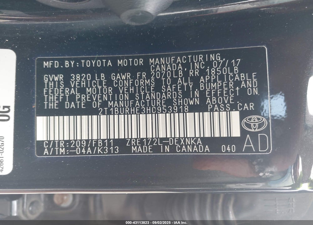 2017 TOYOTA COROLLA VIN: 2T1BURHE3HC953918