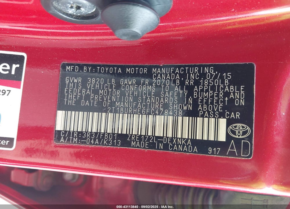 2015 TOYOTA COROLLA VIN: 2T1BURHE6FC478438