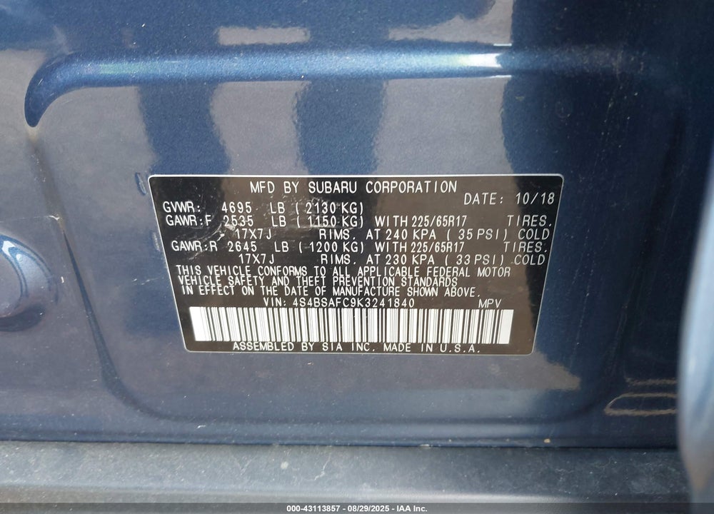 2019 SUBARU OUTBACK VIN: 4S4BSAFC9K3241840