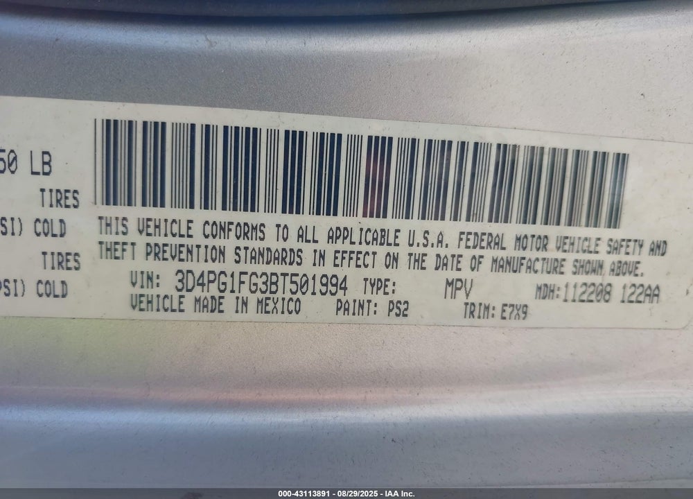 2011 DODGE JOURNEY VIN: 3D4PG1FG3BT501994