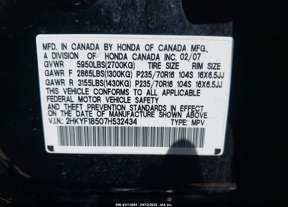 2007 HONDA PILOT EX-L VIN: 2HKYF18507H532434