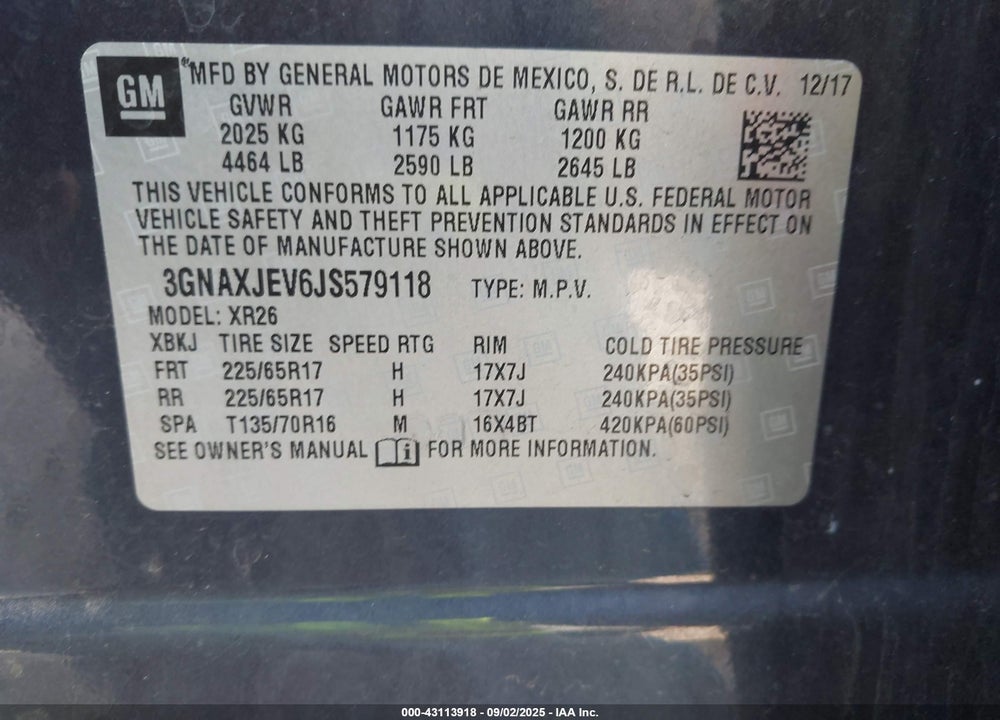 2018 CHEVROLET EQUINOX LT VIN: 3GNAXJEV6JS579118