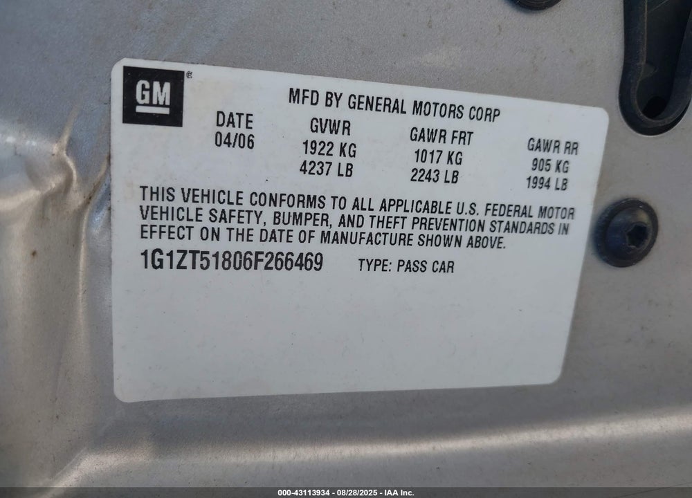 2006 CHEVROLET MALIBU VIN: 1G1ZT51806F266469