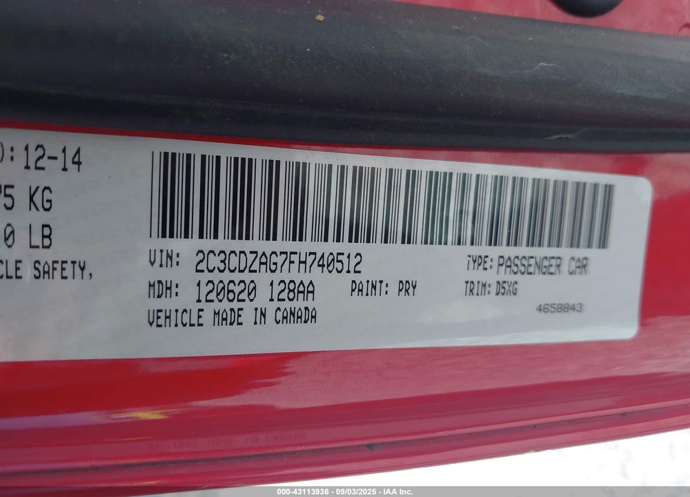 2015 DODGE CHALLENGER VIN: 2C3CDZAG7FH740512