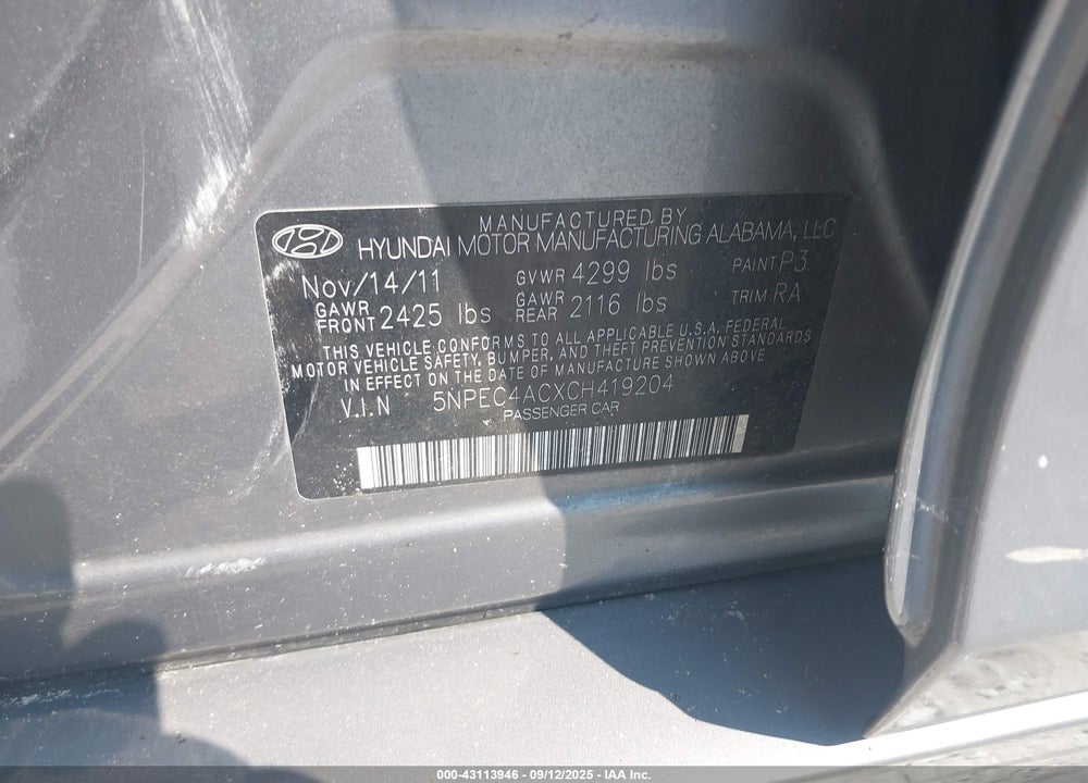2012 HYUNDAI SONATA VIN: 5NPEC4ACXCH419204