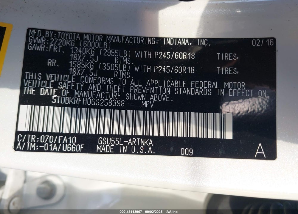 2016 TOYOTA HIGHLANDER LE PLUS V6 VIN: 5TDBKRFH0GS258398