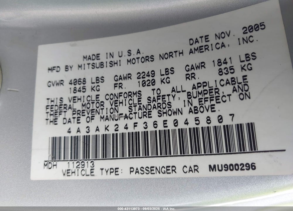 2006 MITSUBISHI ECLIPSE GS VIN: 4A3AK24F36E045807