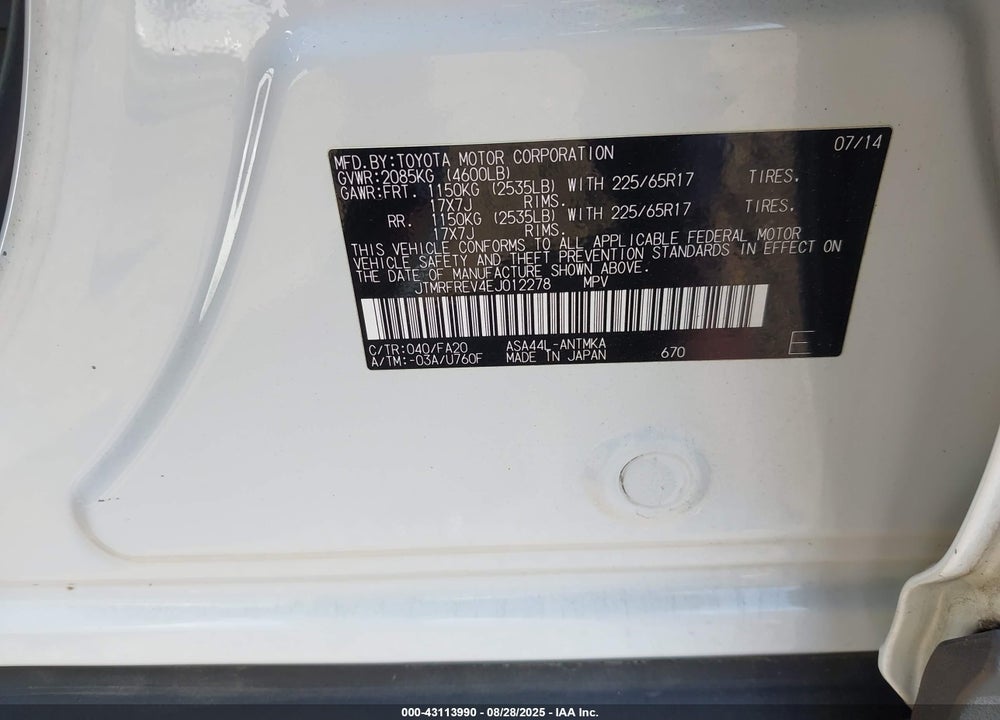 2014 TOYOTA RAV4 VIN: JTMRFREV4EJ012278