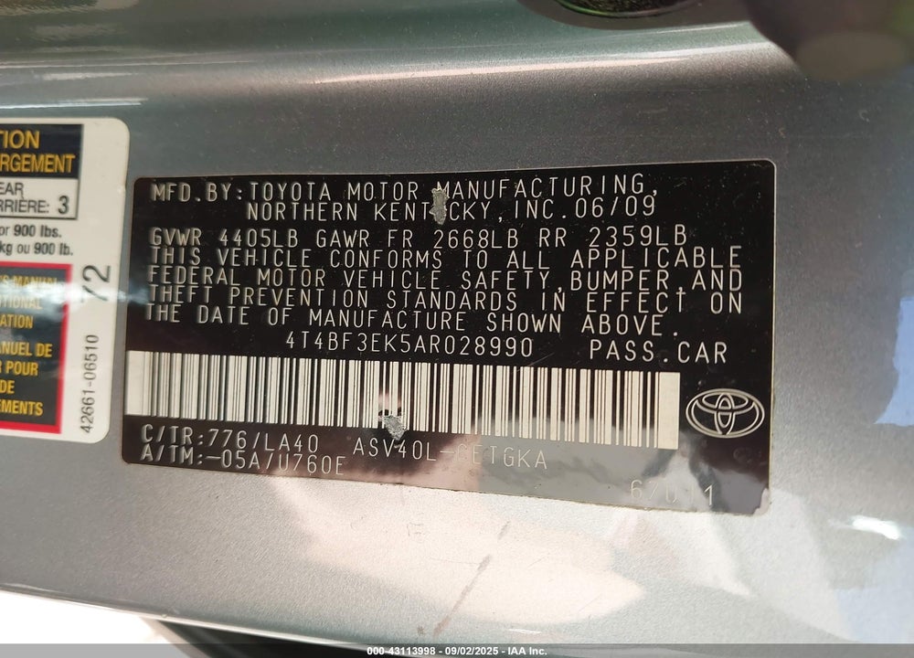 2010 TOYOTA CAMRY VIN: 4T4BF3EK5AR028990