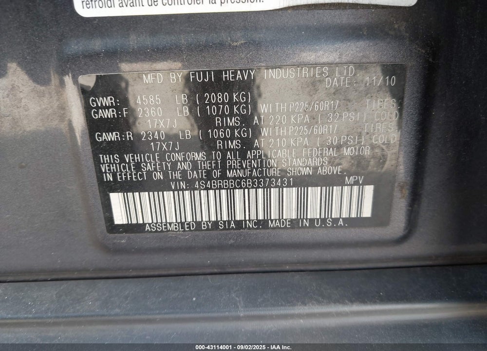 2011 SUBARU OUTBACK VIN: 4S4BRBBC6B3373431