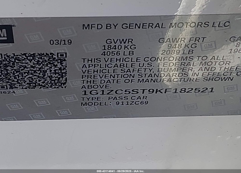 2019 CHEVROLET MALIBU VIN: 1G1ZC5ST9KF182521