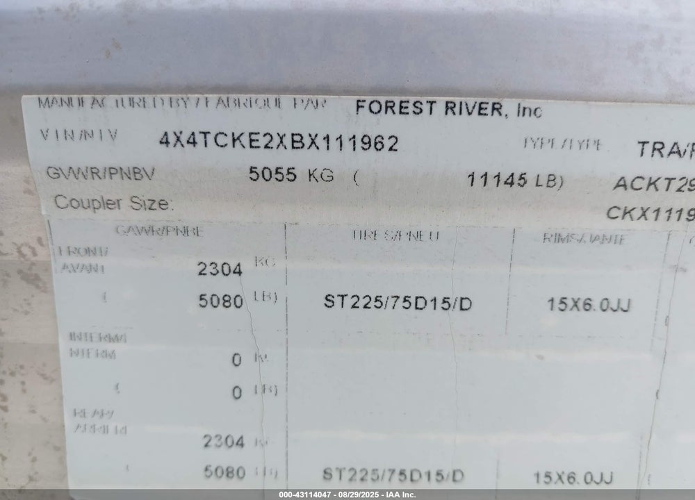 2011 FOREST RIVER CHEROKEE VIN: 4X4TCKE2XBX111962