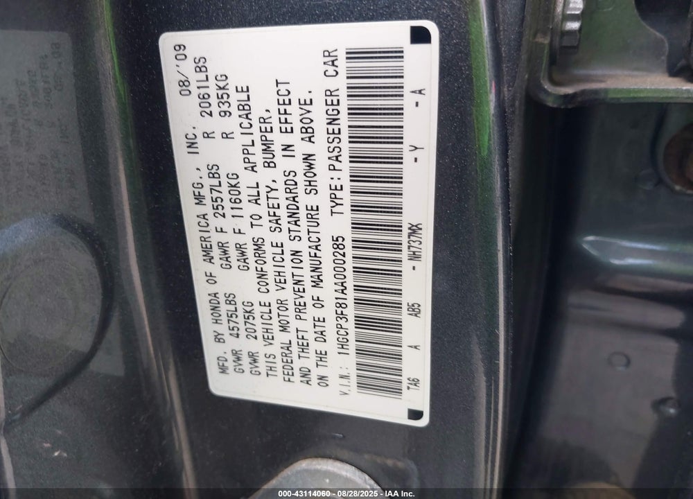 2010 HONDA ACCORD VIN: 1HGCP3F81AA000285