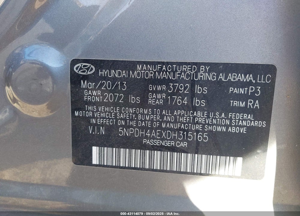 2013 HYUNDAI ELANTRA GLS VIN: 5NPDH4AEXDH315165
