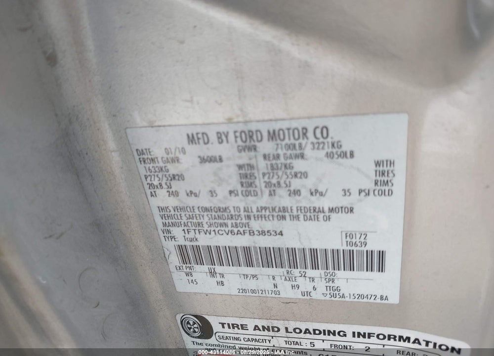2010 FORD F-150 VIN: 1FTFW1CV6AFB38534