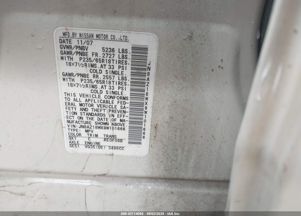 2009 NISSAN MURANO VIN: JN8AZ18WX9W101666