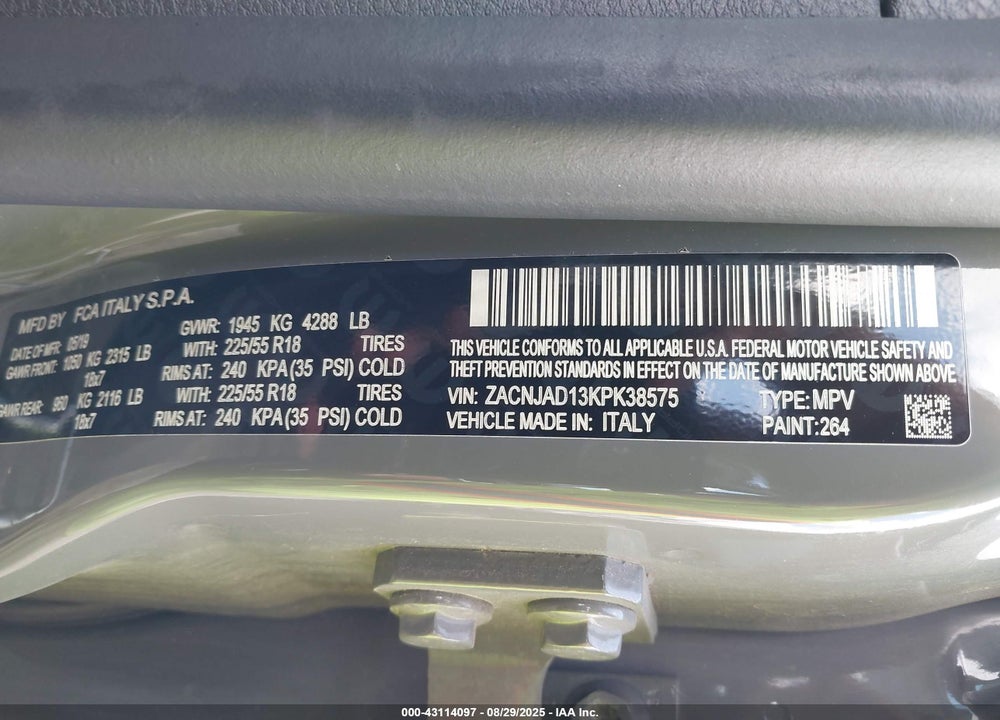 2019 JEEP RENEGADE LIMITED FWD VIN: ZACNJAD13KPK38575