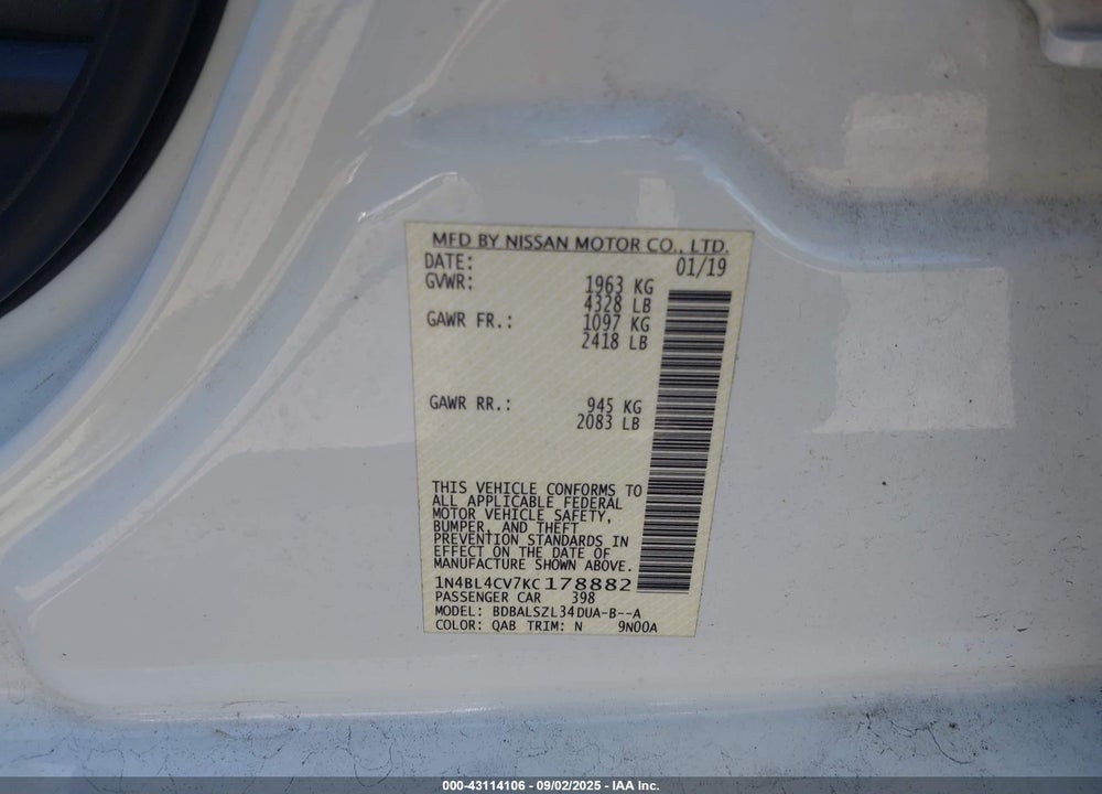 2019 NISSAN ALTIMA 2.5 SR VIN: 1N4BL4CV7KC178882