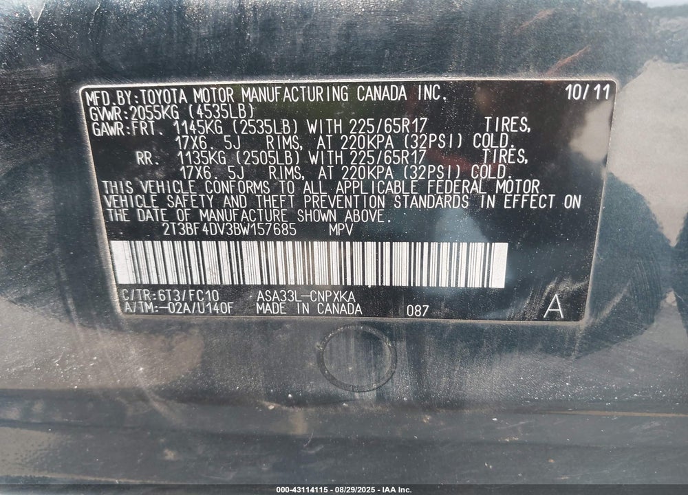 2011 TOYOTA RAV4 VIN: 2T3BF4DV3BW157685