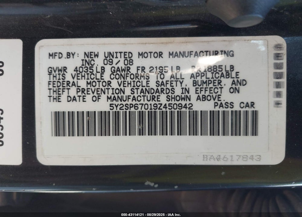 2009 PONTIAC VIBE VIN: 5Y2SP67019Z450942