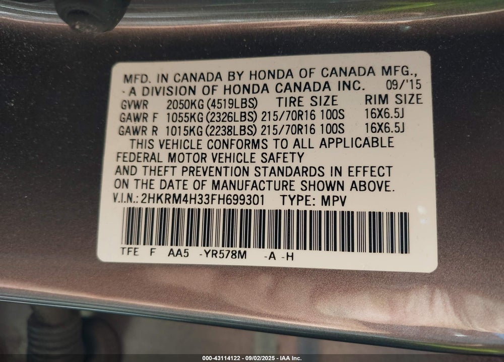 2015 HONDA CR-V LX VIN: 2HKRM4H33FH699301