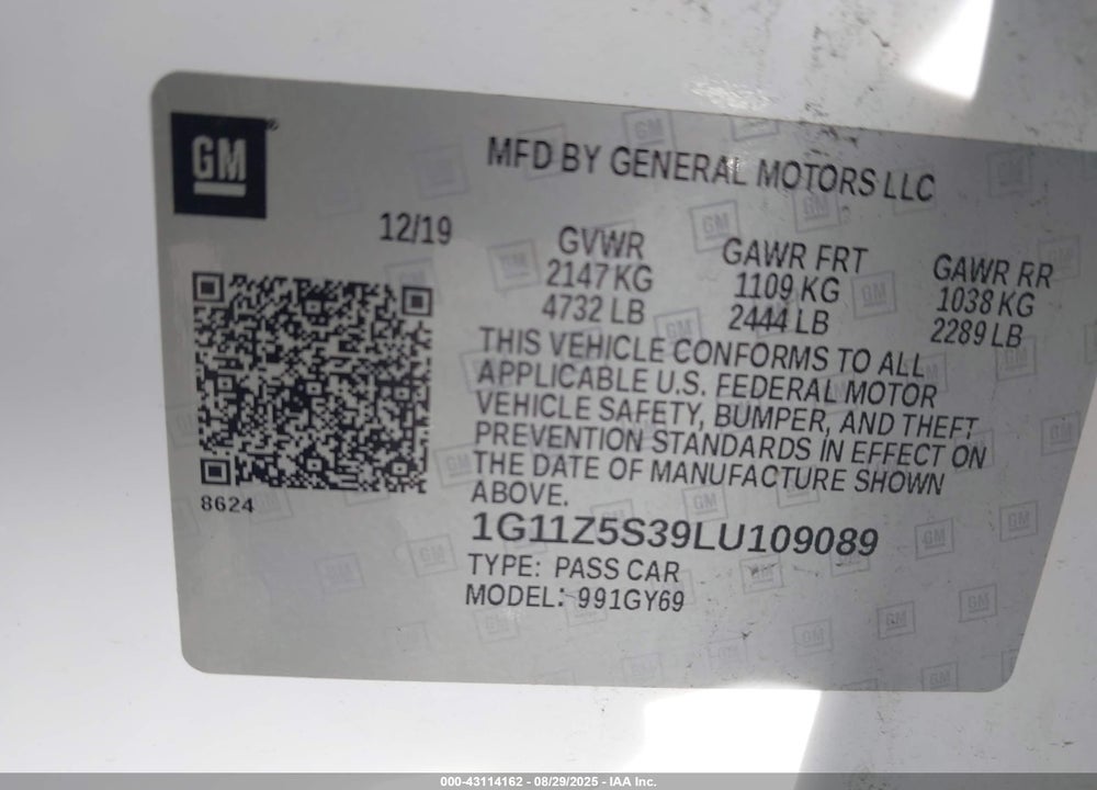 2020 CHEVROLET IMPALA VIN: 1G11Z5S39LU109089
