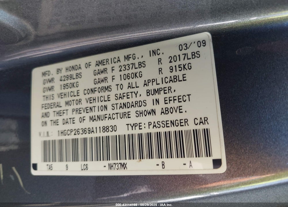 2009 HONDA ACCORD VIN: 1HGCP26369A118830