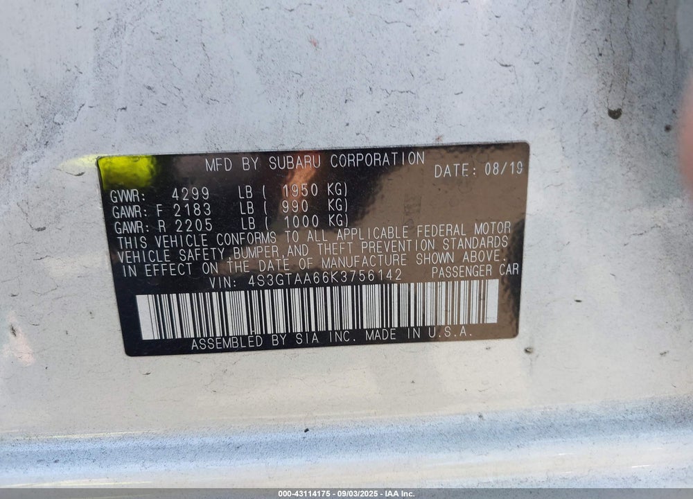 2019 SUBARU IMPREZA 2.0I VIN: 4S3GTAA66K3756142
