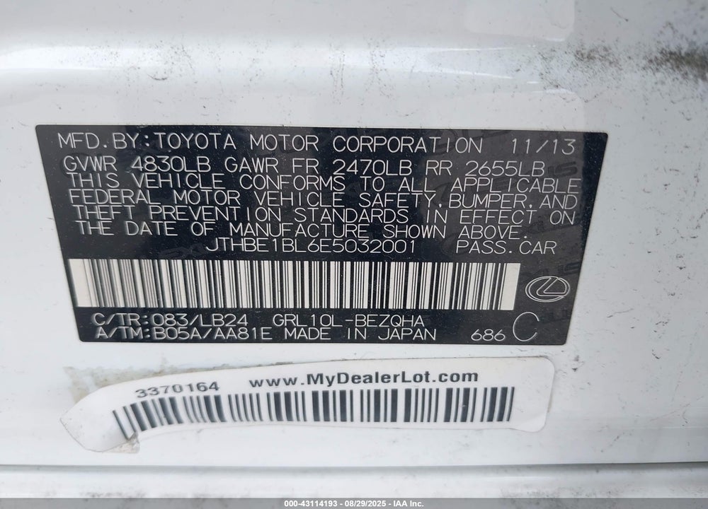 2014 LEXUS GS 350 VIN: JTHBE1BL6E5032001