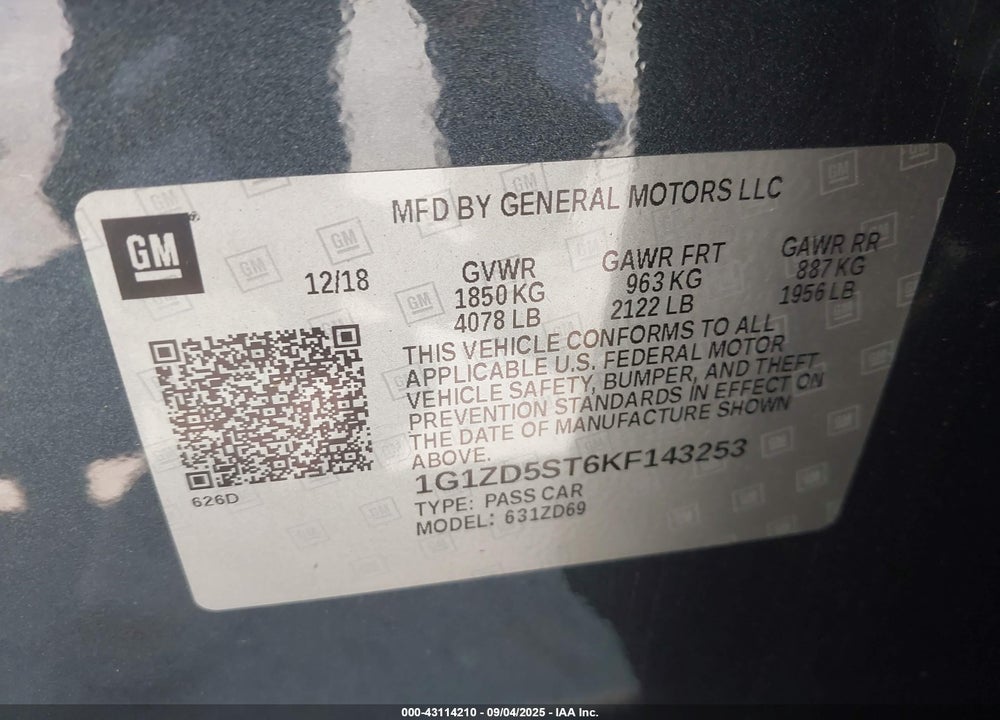 2019 CHEVROLET MALIBU VIN: 1G1ZD5ST6KF143253