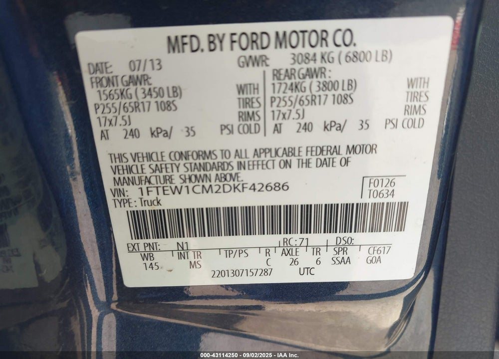 2013 FORD F-150 VIN: 1FTEW1CM2DKF42686