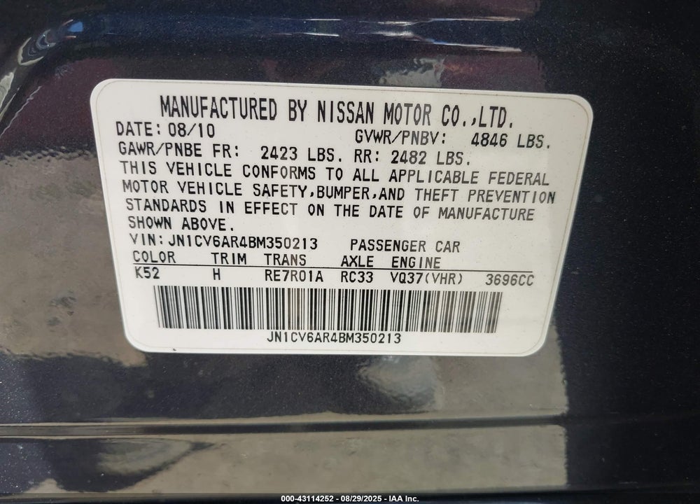 2011 INFINITI G37 VIN: JN1CV6AR4BM350213