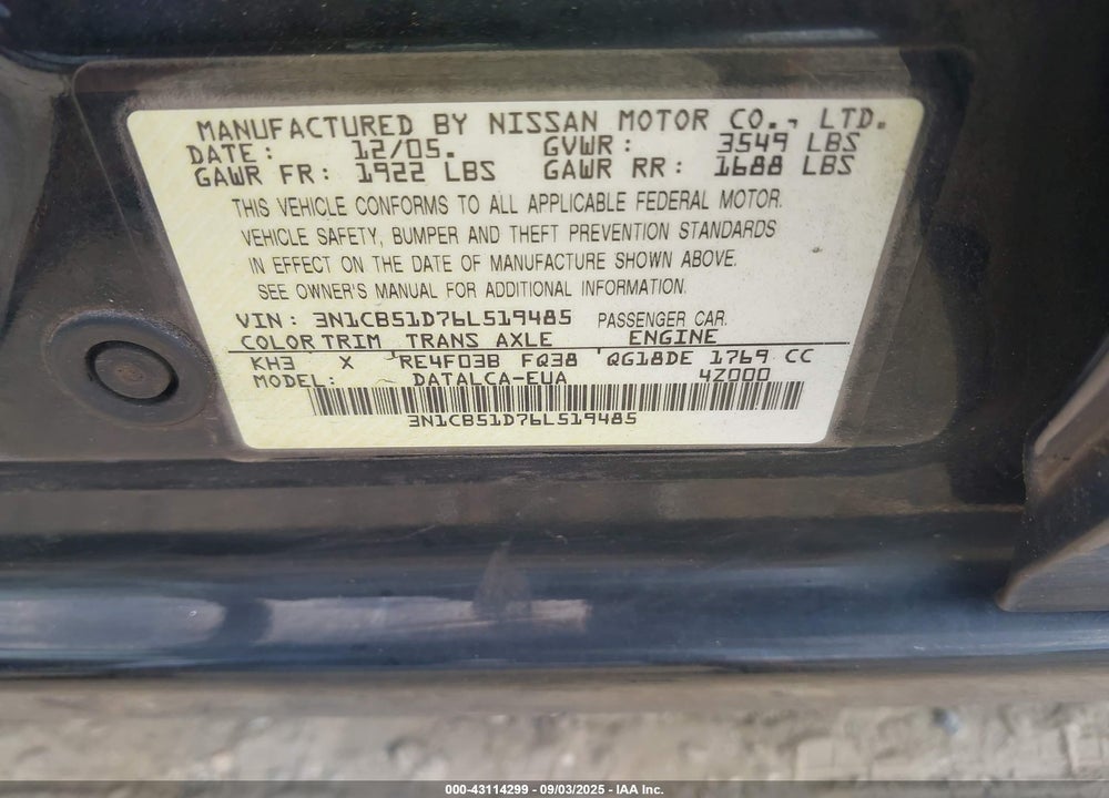 2006 NISSAN SENTRA 1.8 VIN: 3N1CB51D76L519485