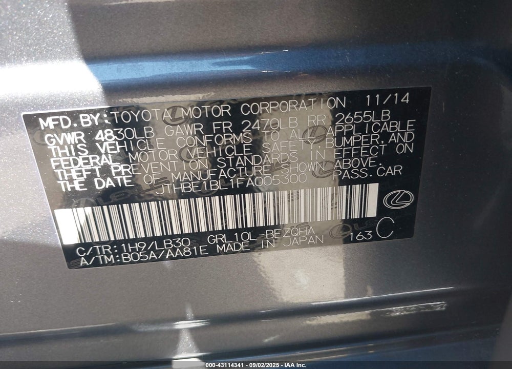 2015 LEXUS GS 350 VIN: JTHBE1BL1FA005300